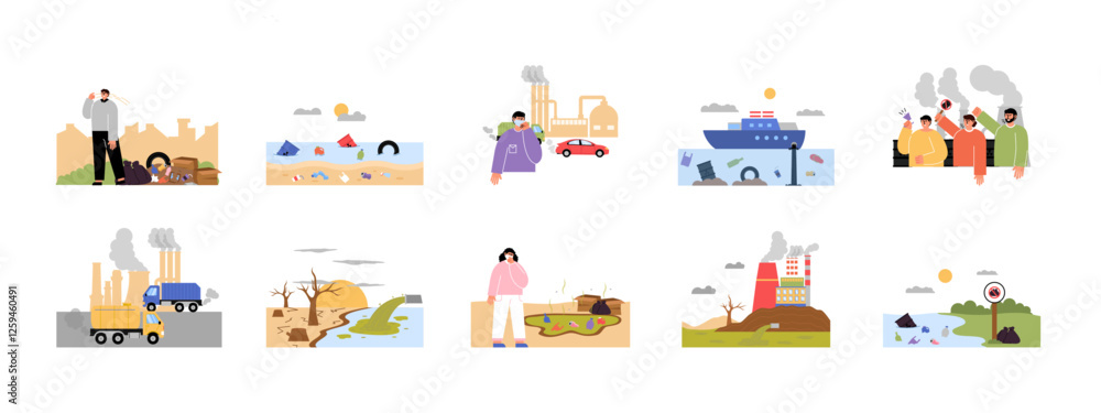 Pollution set illustration. Flat vector illustration concept. Pollution set illustration. Flat vector illustration concept.