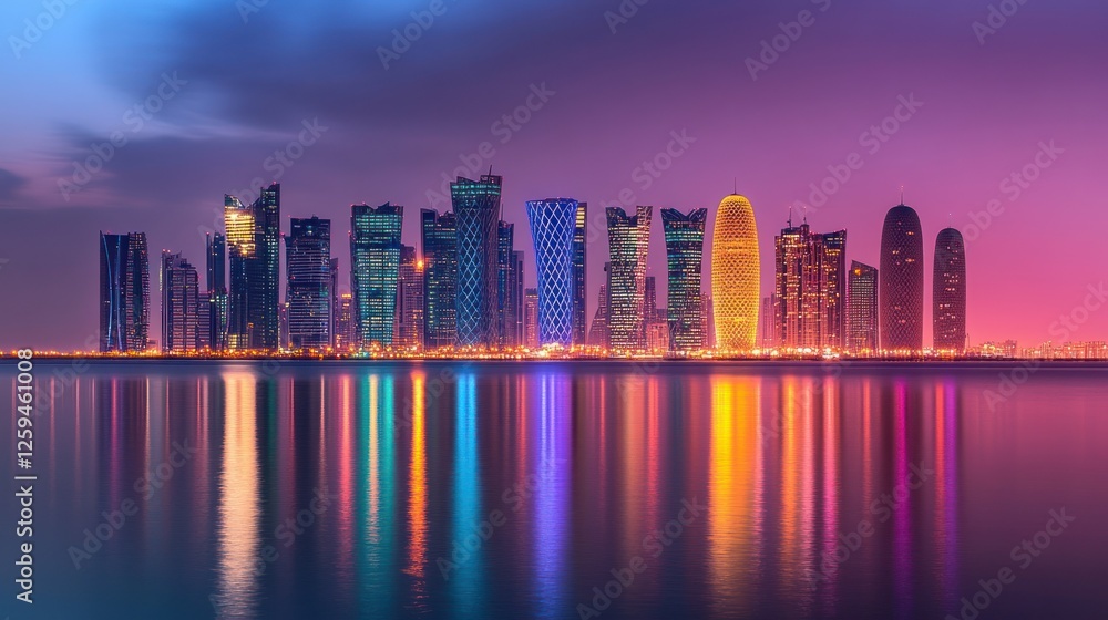 Fototapeta premium Vibrant city skyline at dusk with colorful reflections