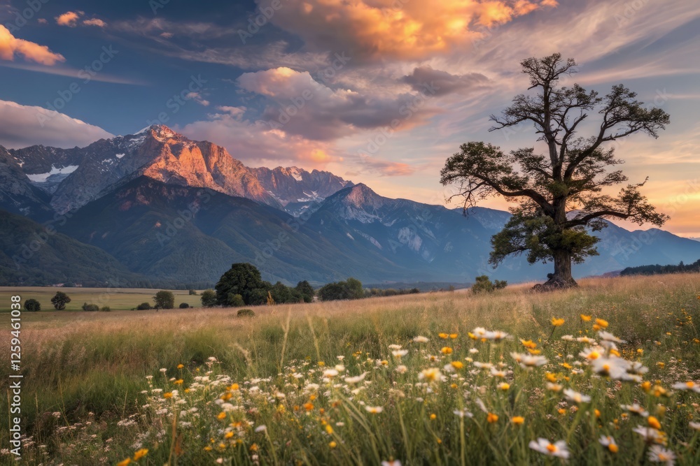 Fototapeta premium Panoramic Sunset: Nitrazepam's Golden Hour Embrace - Nature's Tranquil Slumber