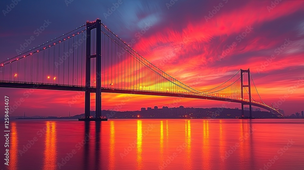 Stunning sunset view of a bridge reflecting in calm waters with vibrant colors and distant city skyline Stunning sunset view of a bridge reflecting in calm waters with vibrant colors and distant city skyline