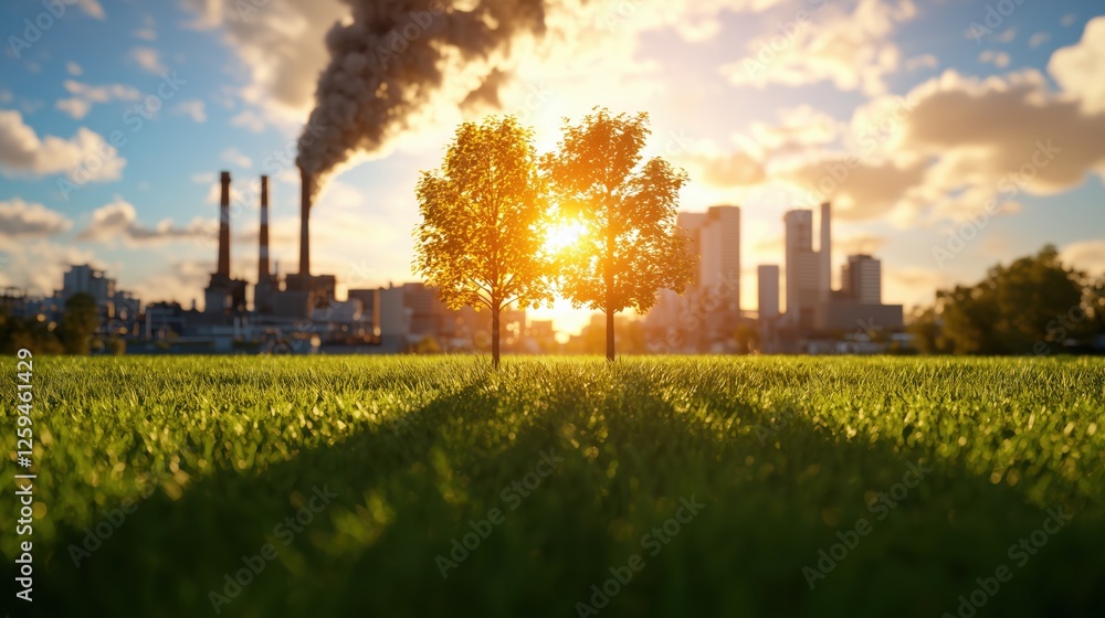 Industrial Smoking Towers Behind Lush Green Field and Trees at Sunset with Warm Sunlight Shining Through Leaves Casting Long Shadows on Grass Industrial Smoking Towers Behind Lush Green Field and Trees at Sunset with Warm Sunlight Shining Through Leaves Casting Long Shadows on Grass