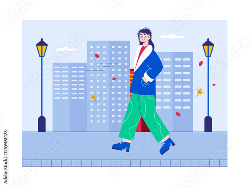 Girl walking on street illustration. Modern urban life illustration. Flat vector illustration concept.