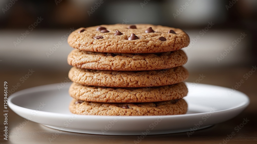 Stack of chocolate chip cookies on plate, kitchen background, food photography, recipe illustration Stack of chocolate chip cookies on plate, kitchen background, food photography, recipe illustration
