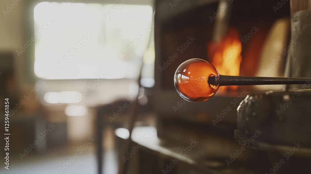 Glassblowing workshop with furnaces and tools. Featuring glass art production. Highlighting traditional craftsmanship and artistry. Ideal for artisan industry visuals.