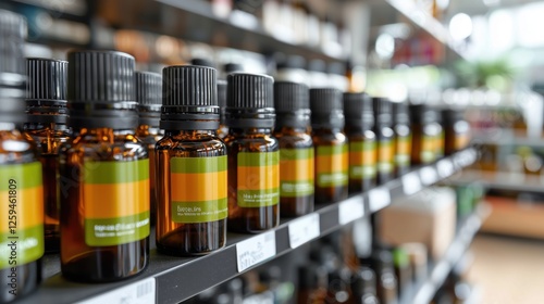 Wallpaper Mural Array of Essential Oil Bottles on a Retail Shelf Showcasing Natural Aromatherapy Products in a Bright and Inviting Store Environment Torontodigital.ca