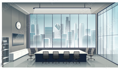 Office meeting room interior in high-rise building with big window overlooking big city