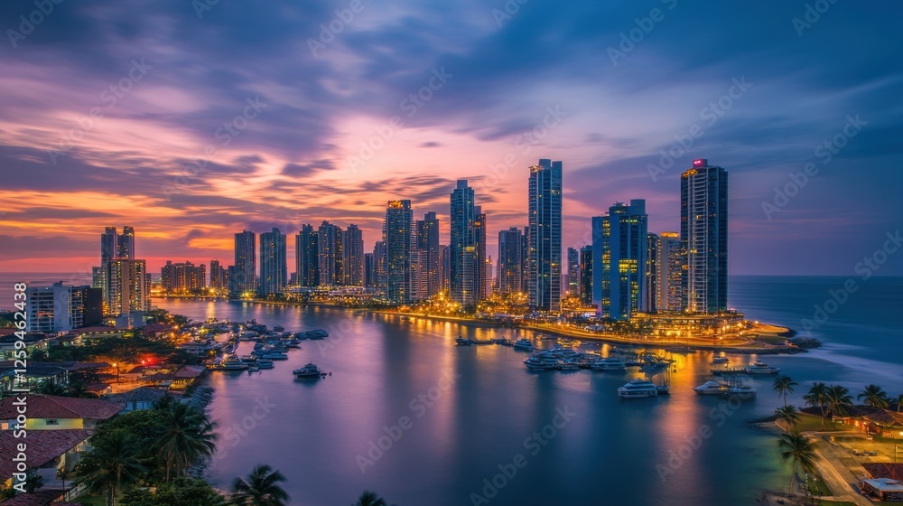 Obraz premium City skyline at dusk with vibrant lights and ocean view