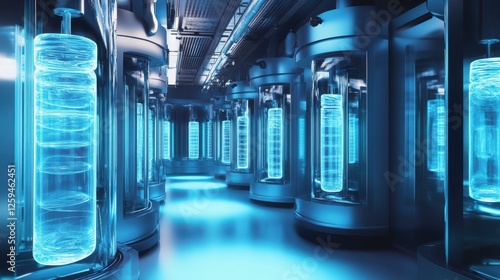 A futuristic cryogenic storage facility with frozen stem cell vials in nitrogen chambers photo