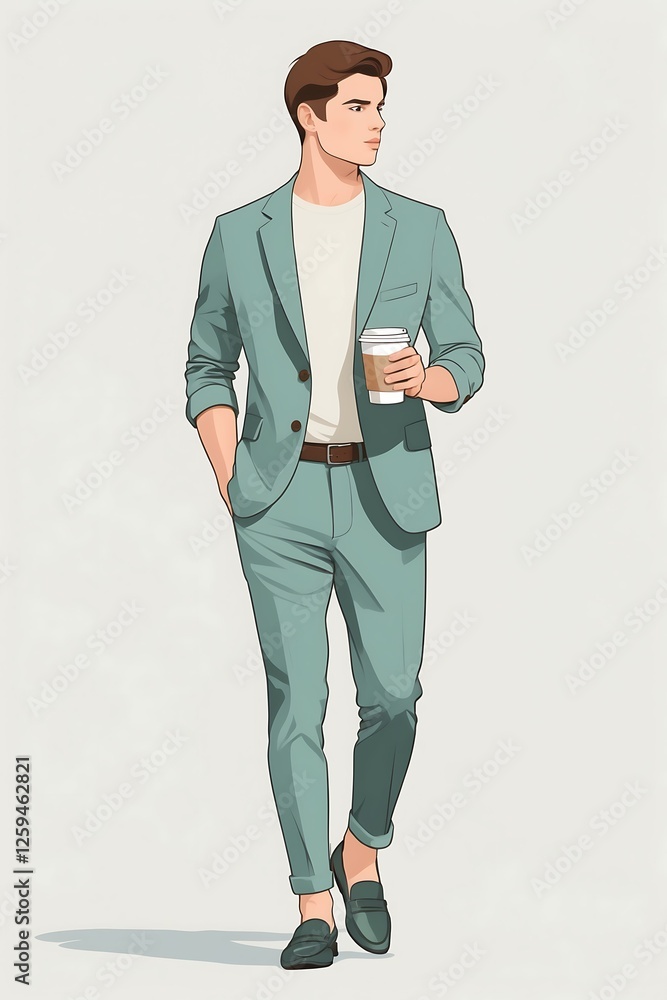 Flat Design Character An elegant business man walking wearing a stylish outfit, poised for a successful day at work or a meeting.