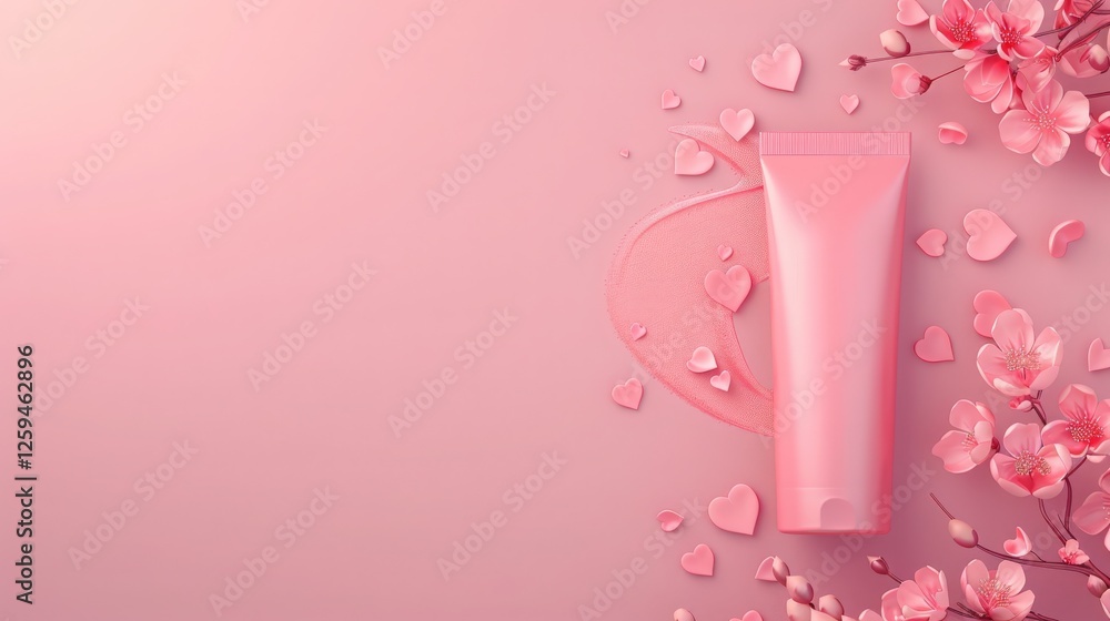 Pink beauty product tube surrounded by pink flowers and hearts on a pink background. Perfect for Valentine's Day or spring promotions. Pink beauty product tube surrounded by pink flowers and hearts on a pink background. Perfect for Valentine's Day or spring promotions.