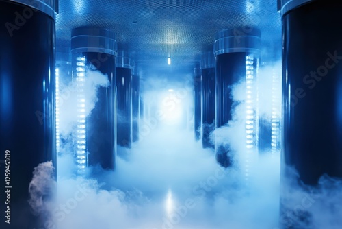 A futuristic cryogenic storage facility with frozen stem cell vials in nitrogen chambers photo