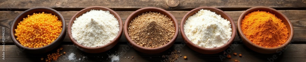 Assortment of grains and flour in rustic bowls on aged wood , wood texture, ingredients Assortment of grains and flour in rustic bowls on aged wood , wood texture, ingredients