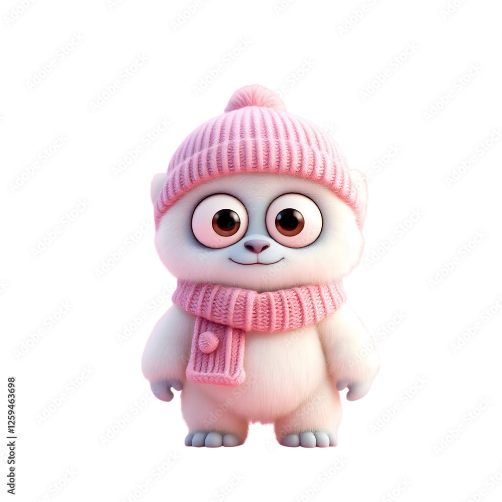 Obraz premium Cute Fluffy White Bear Character In Pink Knitted Hat And Scarf