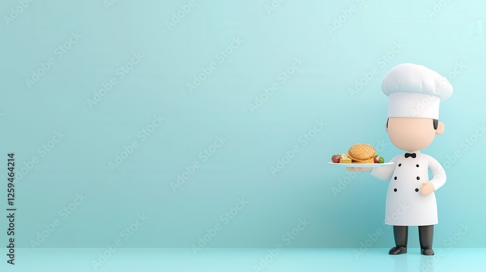 Chef holding dessert plate kitchen 3d animation light blue background front view culinary delight