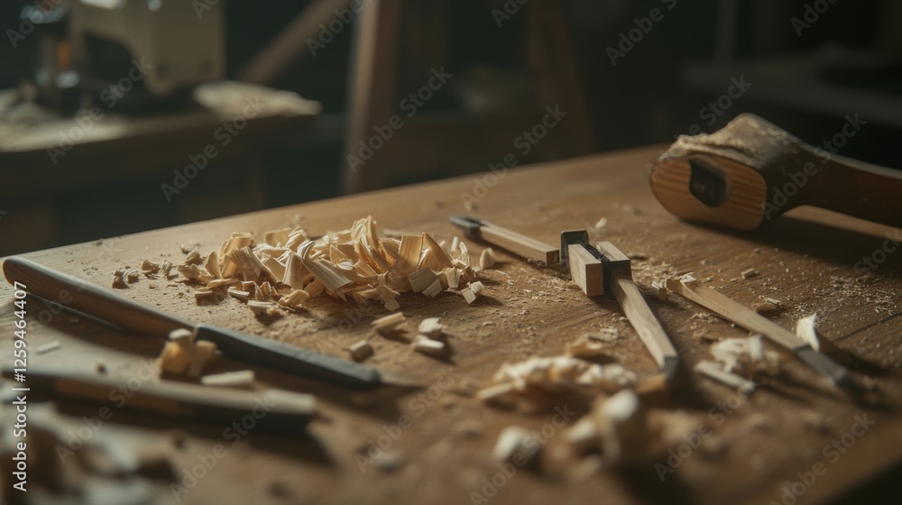 Scene of a woodworking setup. Featuring chisels, wood pieces, and a workbench. Highlighting the craftsmanship of woodworking. Ideal for DIY and woodworking magazines. Scene of a woodworking setup. Featuring chisels, wood pieces, and a workbench. Highlighting the craftsmanship of woodworking. Ideal for DIY and woodworking magazines.