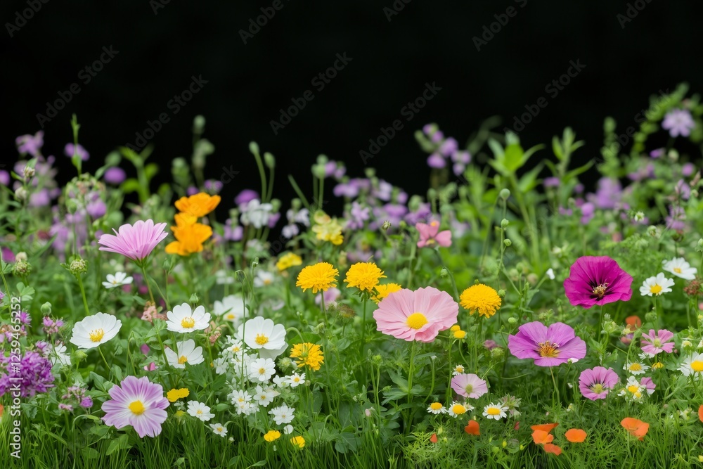 Row of colorful flowers on green grass. Perfect for nature, floral design, backgrounds, eco-friendly concepts, and botanical themes Row of colorful flowers on green grass. Perfect for nature, floral design, backgrounds, eco-friendly concepts, and botanical themes