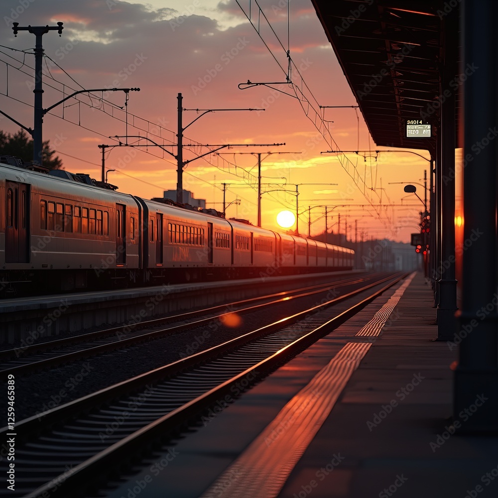 Fototapeta premium Sunset Train Stop at Railway Station - Stunning Photography