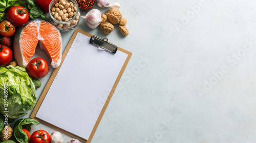 Food Safety Inspection for Public Health Protection. Fresh ingredients and a blank clipboard for meal planning or recipes.