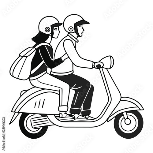 Two couples are riding scooters Line art  vector silhouette design
