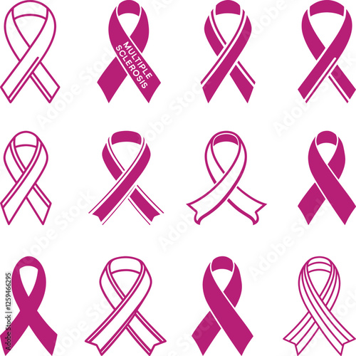 Multiple sclerosis awareness ribbon collection set Silhouette. Pink bows Medical concept. Vector illustration