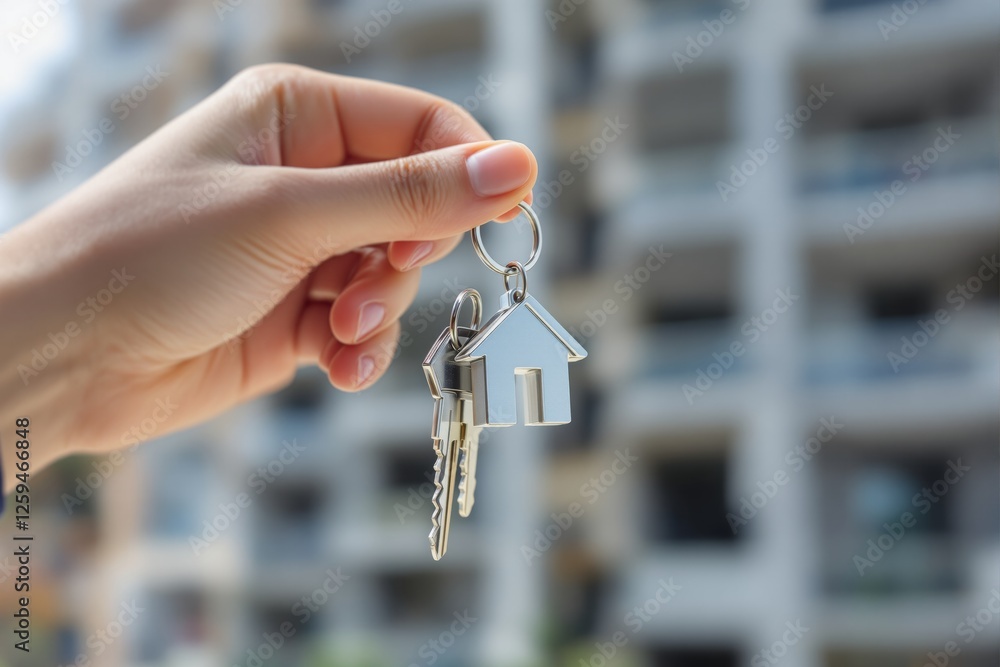 Close-up of a hand holding a house-shaped keychain with keys, blurred apartment building in the background. Concept of real estate, home buying. Ai generative Close-up of a hand holding a house-shaped keychain with keys, blurred apartment building in the background. Concept of real estate, home buying. Ai generative
