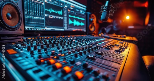 Photo of a podcast studio with a microphone, laptop, and recording equipment, with a bokeh background and a blue and orange color theme.