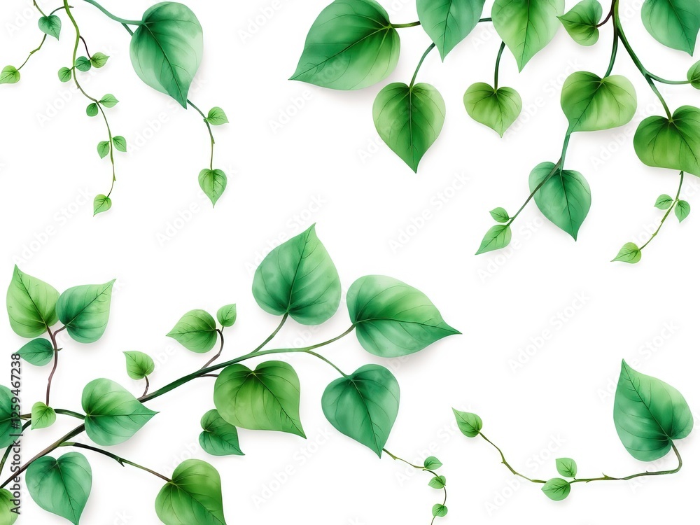 Obraz premium Verdant Watercolor Symphony: Green Vines and Leaves Adorn White