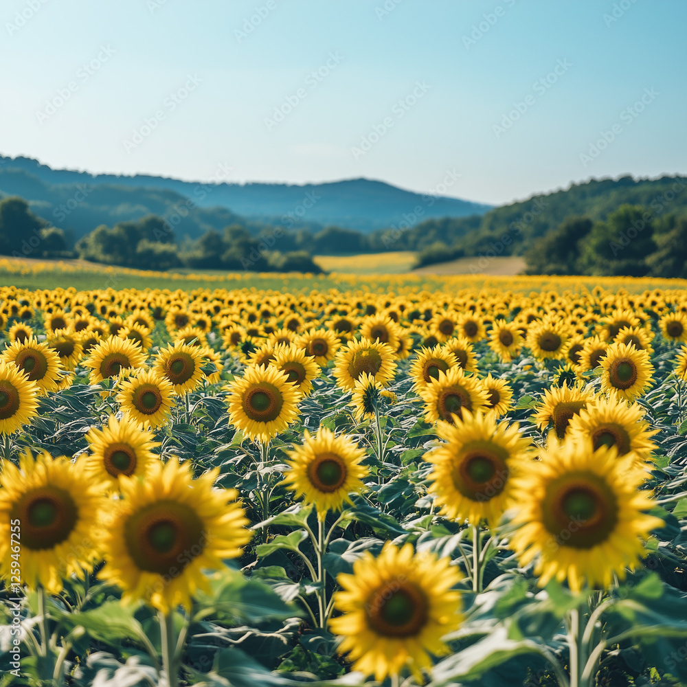 Obraz premium A vast field of sunflowers under intensive cultivation, Agriculture, farming