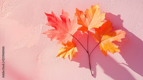 Autumn leaves pink background sunlight flatlay seasonal design