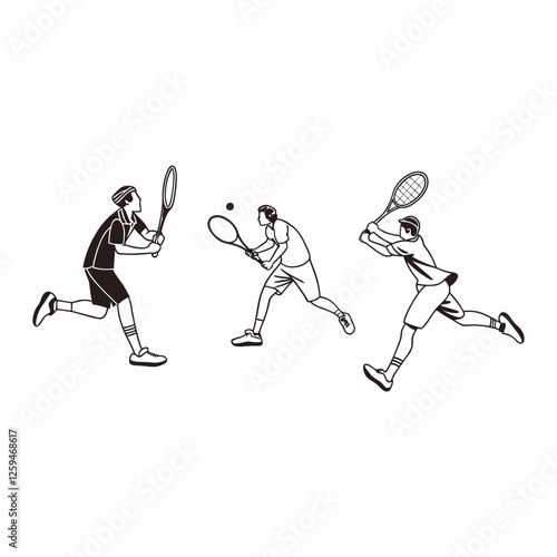 Thiree boys playing tennis silhouette black and white vector design