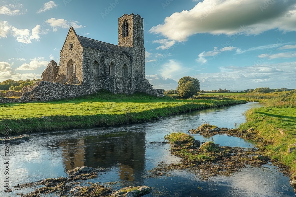 Fototapeta premium Irish Abbey River Sunset Landscape