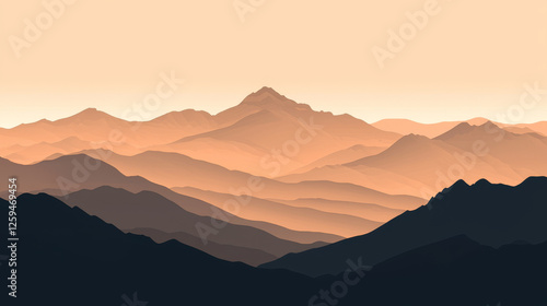 Layered mountain ranges recede into the distance, painted in shades of orange, brown, and deep blue under a pale sky -ai