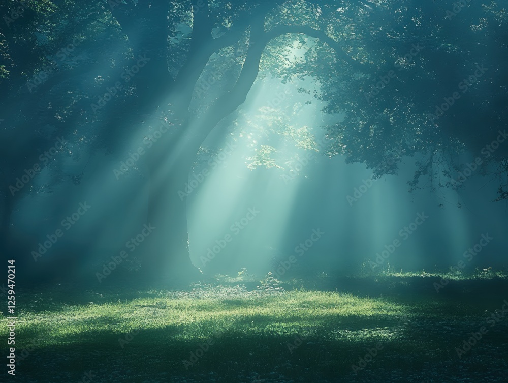 Obraz premium Mystical Forest Scene with Sunbeams Shining Through Trees Creating a Dreamlike Atmosphere