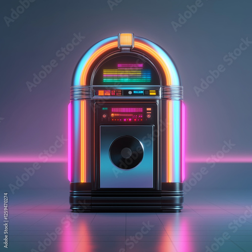 Vibrant, stylized jukebox illuminated with neon lights in a retro setting, perfect for evoking 80s nostalgia.