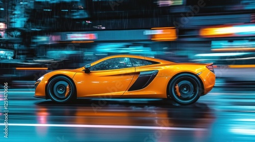 Yellow sports car speeding, city night, motion blur, advertisement