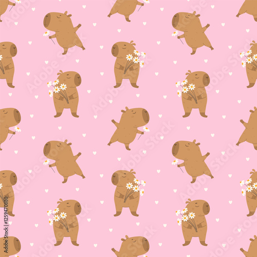 Cute capybaras with a bouquet of flowers pattern