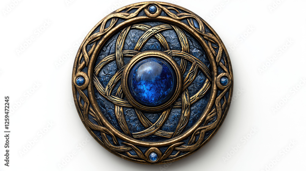 Circular blue gemstone embedded in ornate gold metalwork, Celtic knot design. Circular blue gemstone embedded in ornate gold metalwork, Celtic knot design.