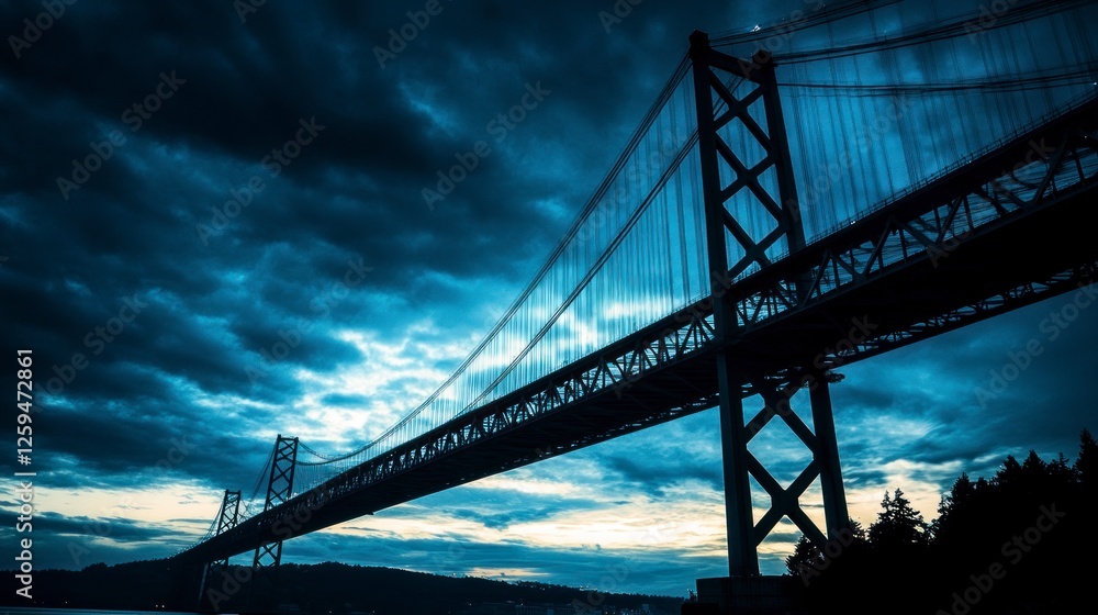 Close-up of the silhouette of an iconic bridge, with steel cables and structure against a cloudy sky, captured from a low angle. The image features blue hues Close-up of the silhouette of an iconic bridge, with steel cables and structure against a cloudy sky, captured from a low angle. The image features blue hues