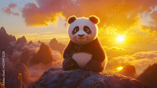 Panda standing on a rock with a sunset in the background