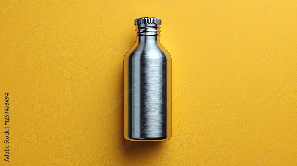 Metallic water bottle placed centrally on a vibrant yellow background, ideal for product promotion Metallic water bottle placed centrally on a vibrant yellow background, ideal for product promotion