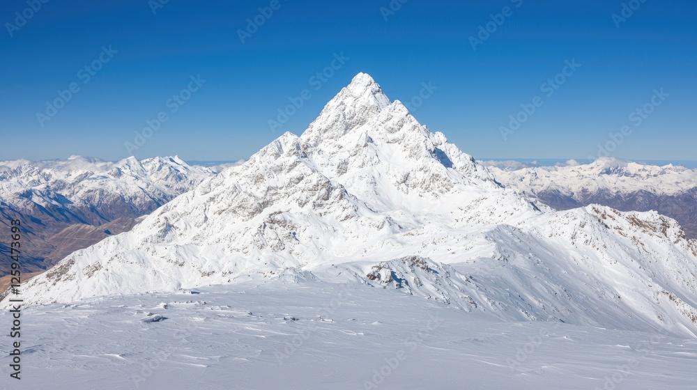 Snowy mountain peak, clear sky, winter landscape, travel poster (1) Snowy mountain peak, clear sky, winter landscape, travel poster (1)