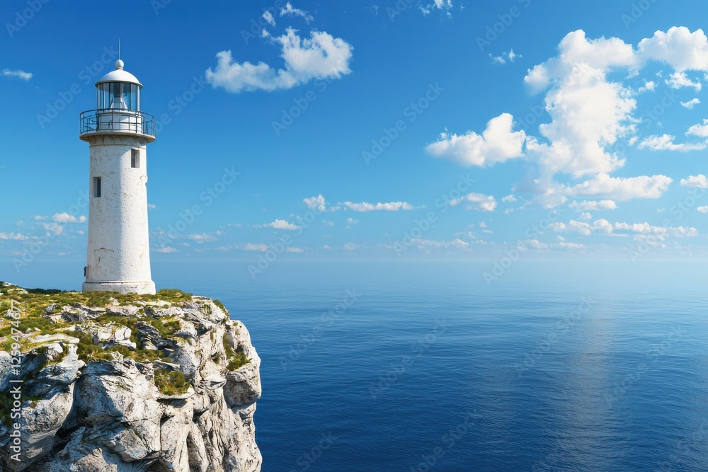 A serene coastal scene featuring a white lighthouse perched on a rocky cliff against a backdrop of blue skies and calm ocean waters. A serene coastal scene featuring a white lighthouse perched on a rocky cliff against a backdrop of blue skies and calm ocean waters.