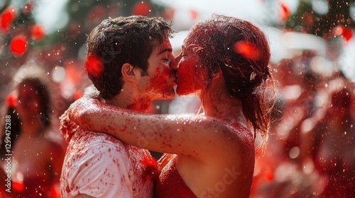 A passionate couple's love in a festival photo