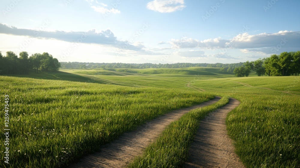 A scenic landscape featuring a winding dirt path through a lush green field under a bright blue sky with scattered clouds. A scenic landscape featuring a winding dirt path through a lush green field under a bright blue sky with scattered clouds.