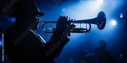 Silhouette of a jazz trumpet player in a darkly lit club. Artistic, moody, and dramatic, perfect for music-themed projects and creative designs.