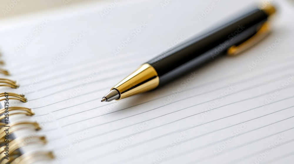 Elegant Gold and Black Pen on Spiral Notebook Close up Writing Stationery Elegant Gold and Black Pen on Spiral Notebook Close up Writing Stationery