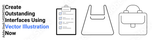 Clipboard with checklist, tote bag, and backpack icons symbolize organization, shopping, and work. Ideal for eCommerce, task management, productivity, education business minimalism flat landing