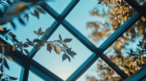 Close-up photo of a blue glass roof with black metal frames, featuring a geometric shape against a sky background.