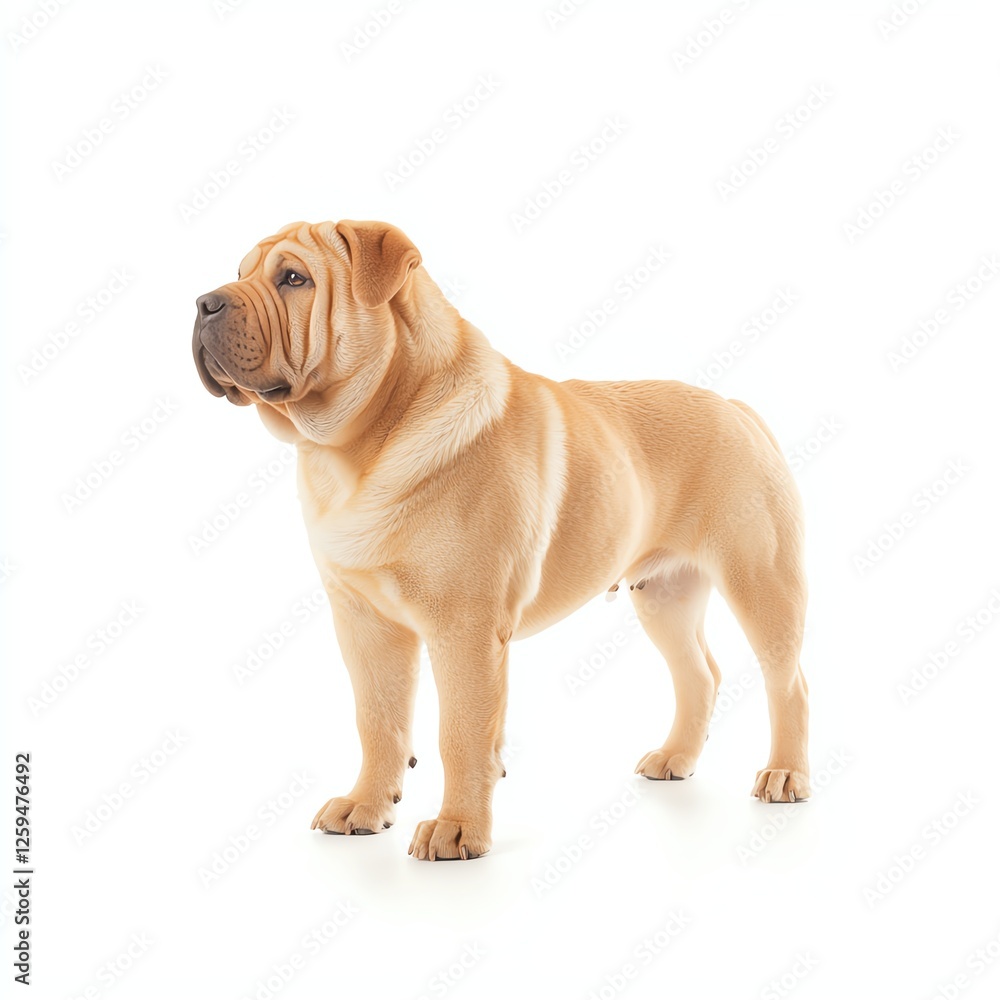 Obraz premium A Shar Pei dog standing proudly with its unique wrinkled skin and strong build, showcasing its distinct appearance against a white background.