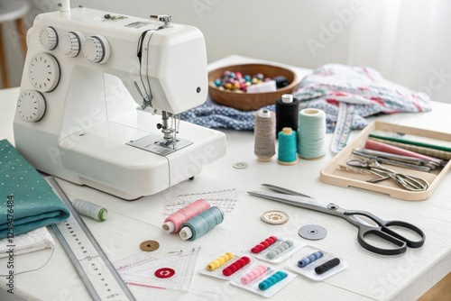 Distinct sewing machine table with an assortment of tools on a white background, fabric cutter, needle threader, sewing supplies, sewing notions photo